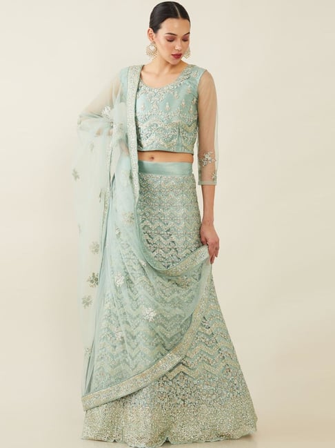 Soch Blue Embellished Unstitched Lehenga Choli Set With Dupatta Price in India