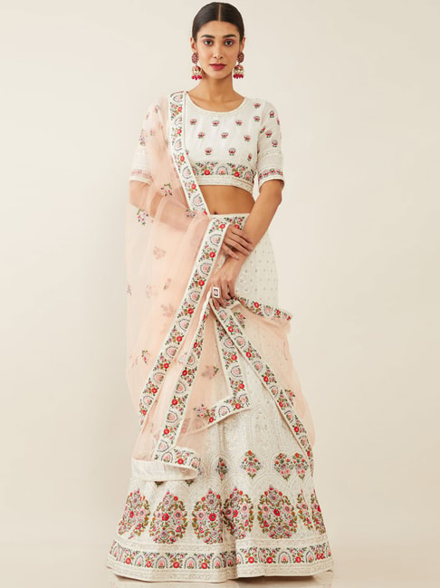 Soch White Embroidered Unstitched Lehenga Choli Set With Dupatta Price in India