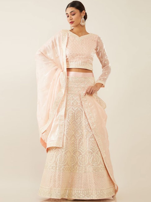 Soch Peach Embroidered Unstitched Lehenga Choli Set With Dupatta Price in India