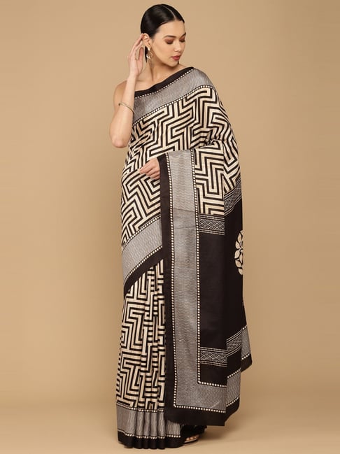 Soch Beige Cotton Silk Printed saree With Unstitched Blouse Price in India