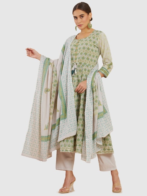 Soch Green & Grey Cotton Printed Kurta Pant Set With Dupatta Price in India