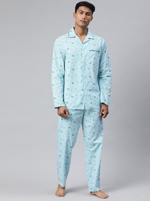 The Bear House Sky Blue Printed Shirt & Pyjamas Set