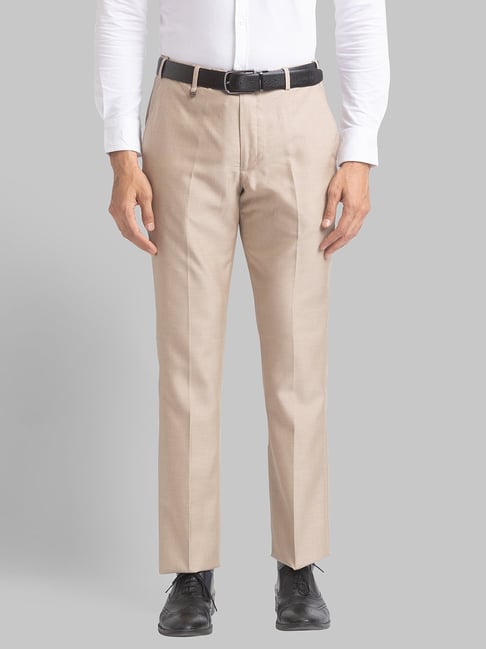 Park Avenue Beige  Regular Fit Solid Trousers