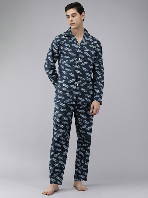 The Bear House Blue Printed Shirt & Pyjamas Set