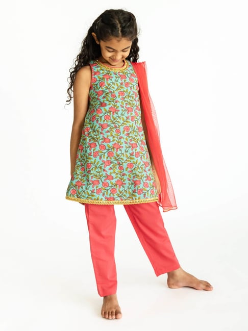 Campana Kids Blue & Pink Floral Jaal Print Kurta, Pants & Dupatta