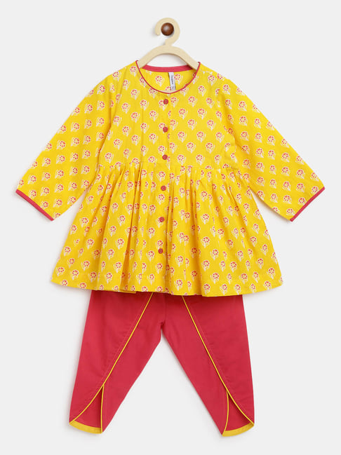 Campana Kids Yellow & Magenta Small Flower Motif Print Kurti with Dhoti-picture-15