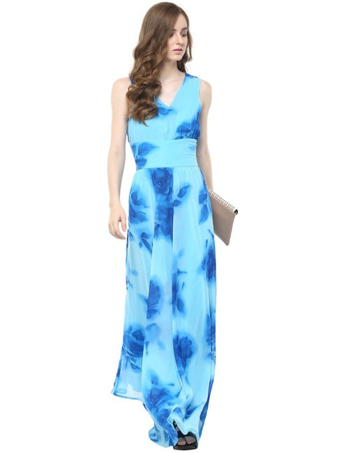 Harpa Sky Blue Printed Maxi Dress Price in India