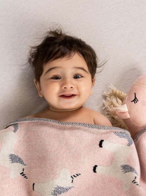 Haus & Kinder Fluffy Pony Printed Light Pink Cotton Single Knitted Blanket for Baby with Toy