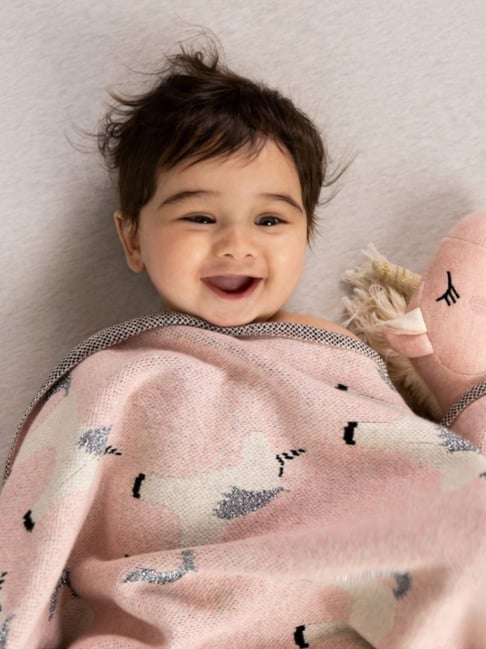 Haus Kinder Fluffy Pony Printed Light Pink Cotton Single Knitted Blanket  for Baby with Toy