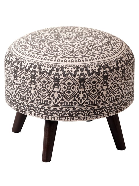 Netroots Printed Grey Cotton Canvas 4 Wooden Legs Ottoman-Nestroots-HomeFurnishing-TATA CLIQ