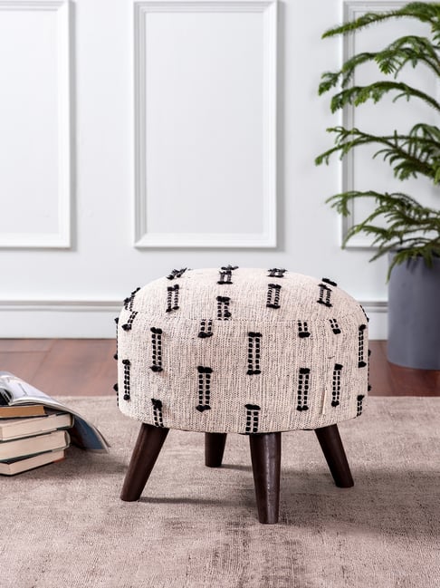 Nestroots Printed White Cotton Canvas Legs Ottoman