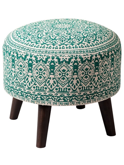 Netroots Printed Green Cotton Canvas 4 Wooden Legs Ottoman-Nestroots-HomeFurnishing-TATA CLIQ