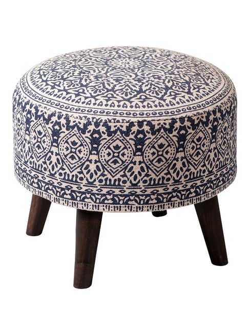 Netroots Printed Blue Cotton Canvas 4 Wooden Legs Ottoman - Set of 2-Nestroots-HomeFurnishing-TATA CLIQ