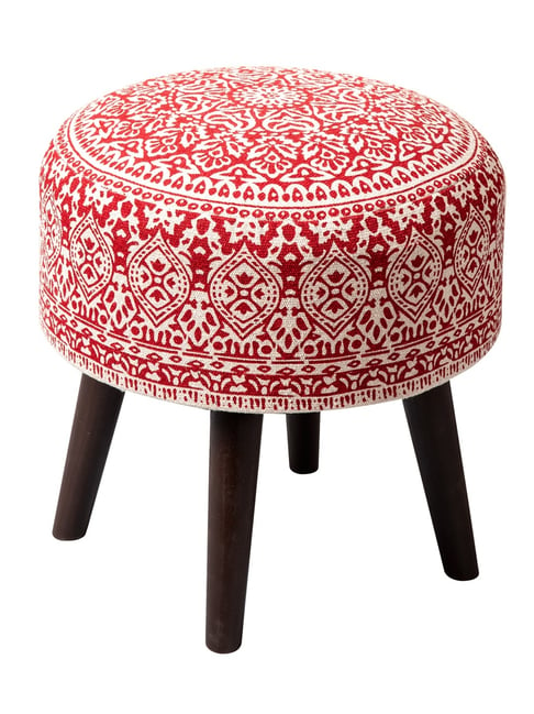 Netroots Printed Red Cotton Canvas 4 Wooden Legs Ottoman - Set of 2-Nestroots-HomeFurnishing-TATA CLIQ