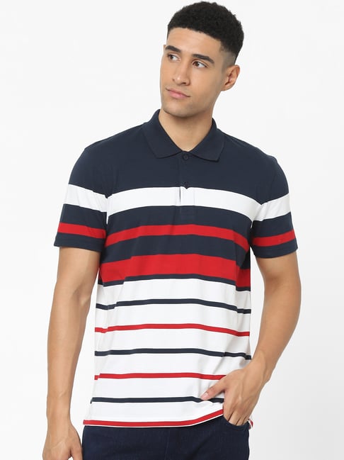 Celio* Navy Cotton Regular Fit Striped Polo T-Shirts