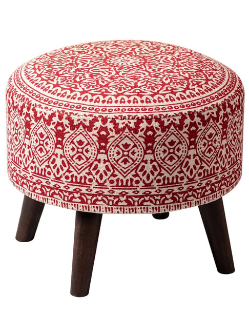 Netroots Printed Red Cotton Canvas 4 Wooden Legs Ottoman - Set of 2-Nestroots-HomeFurnishing-TATA CLIQ