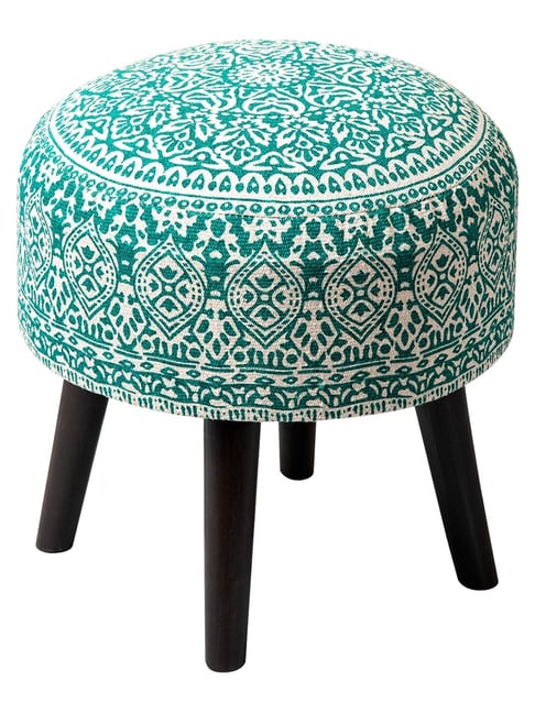 Netroots Printed Green Cotton Canvas 4 Wooden Legs Ottoman - Set of 2-Nestroots-HomeFurnishing-TATA CLIQ