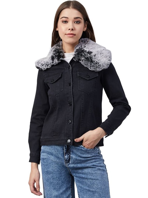 Parisian faux fur trim denim jacket in black | ASOS
