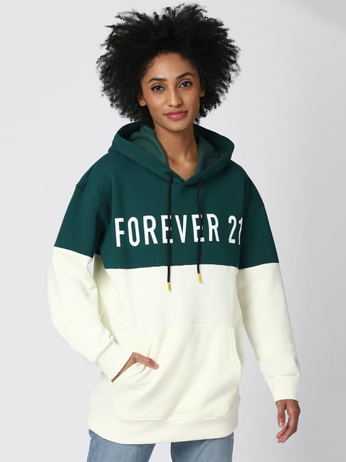 Forever 21 Off White & Green Printed Hoodie