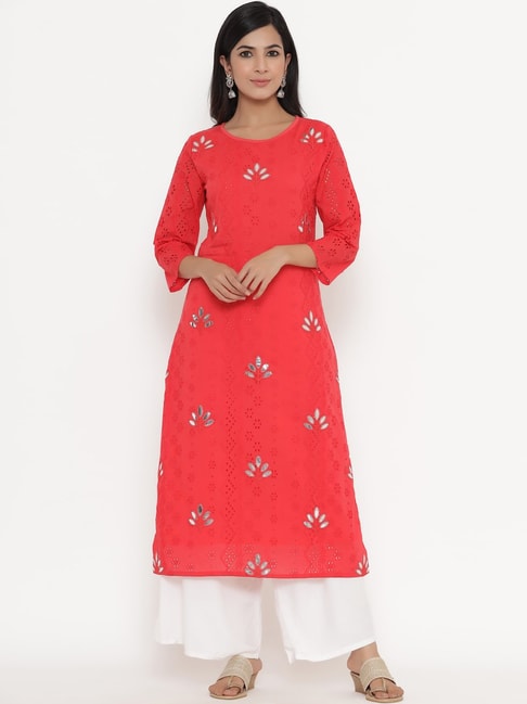 READIPRINT FASHIONS Red Cotton Embroidered Straight Kurta Price in India