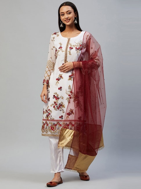 READIPRINT FASHIONS White Embroidered Unstitched Dress Material