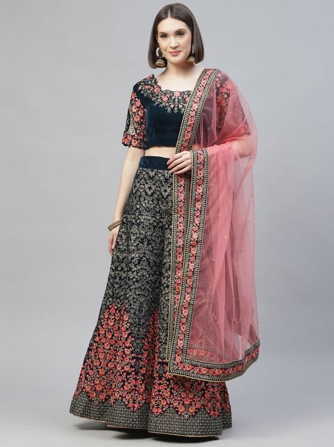 Designer Superb Nakkashi NAK4149 Bridal Pink Blue Velvet Net Lehenga