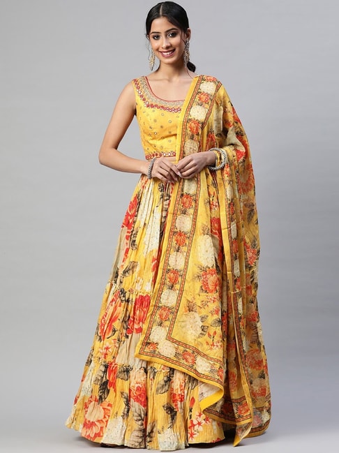 READIPRINT FASHIONS Yellow Embroidered Lehenga Choli Set With Dupatta