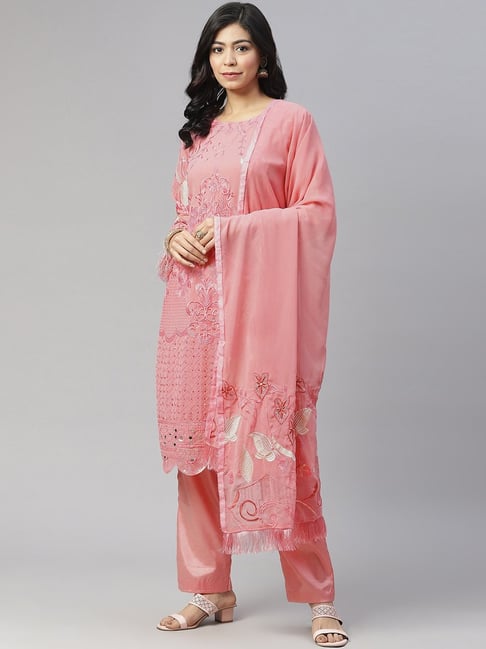 READIPRINT FASHIONS Pink Embroidered Unstitched Dress Material