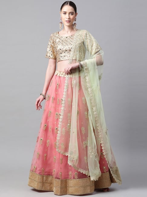 READIPRINT FASHIONS Golden & Pink Embellished Semi Stitched Lehenga Choli Set With Dupatta Price in India
