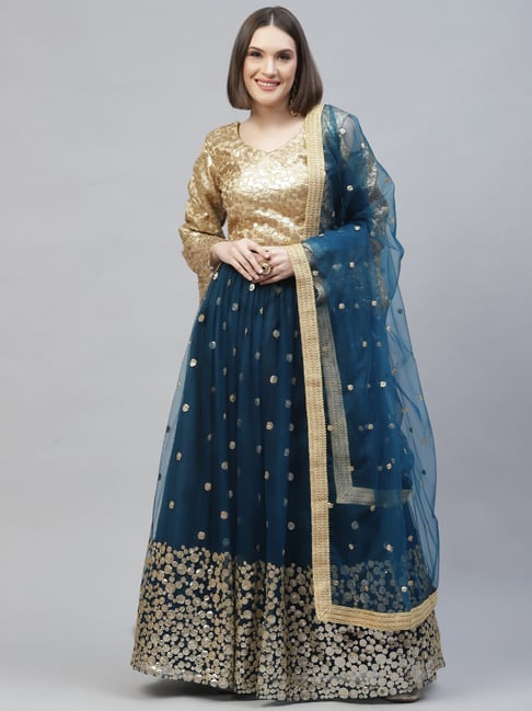 Yellow and Sky Blue Lehenga - Priti Sahni