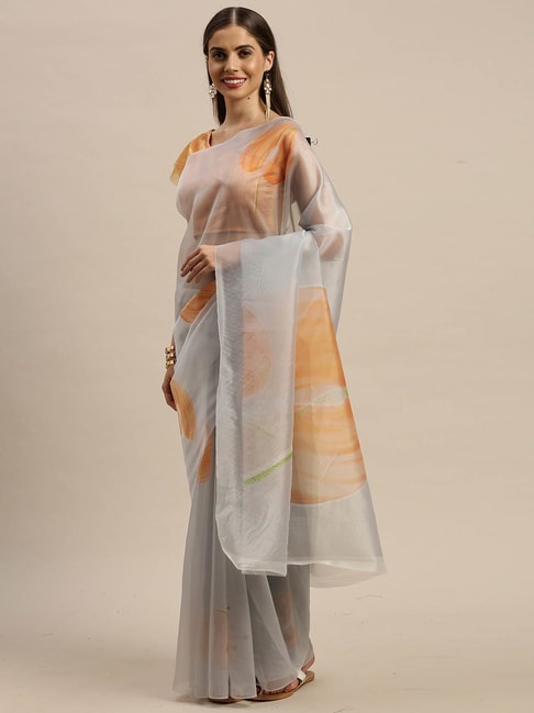Rajnandini Grey Cotton Printed Saree With Unstitched Blouse Price in India