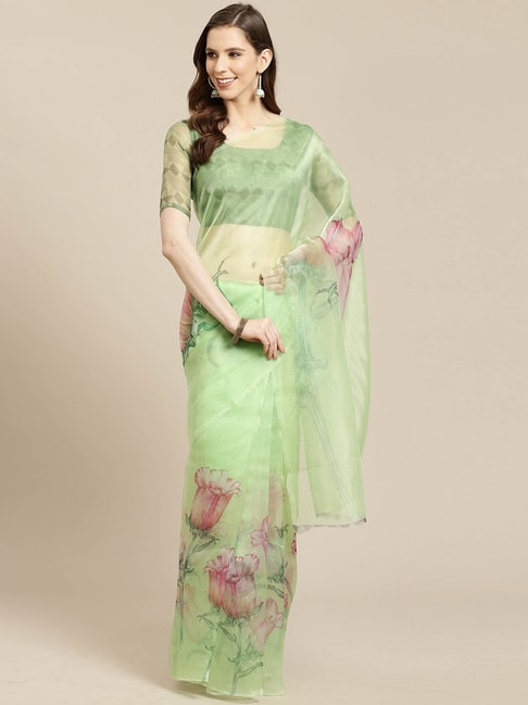 Rajnandini Green Cotton Silk Printed Saree With Unstitched Blouse Price in India