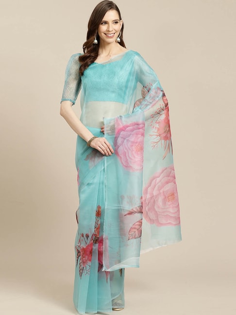 Rajnandini Sky Blue Cotton Silk Printed Saree With Unstitched Blouse Price in India
