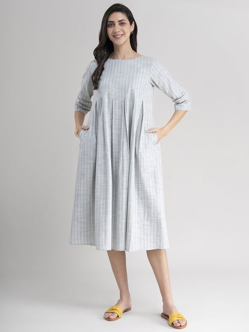 Marigold by FableStreet Grey Cotton Chequered A-Line Dress Price in India