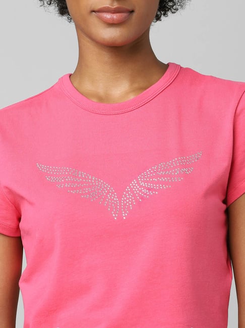 Buy Only Pink Embellished T-Shirt for Women Online @ Tata CLiQ