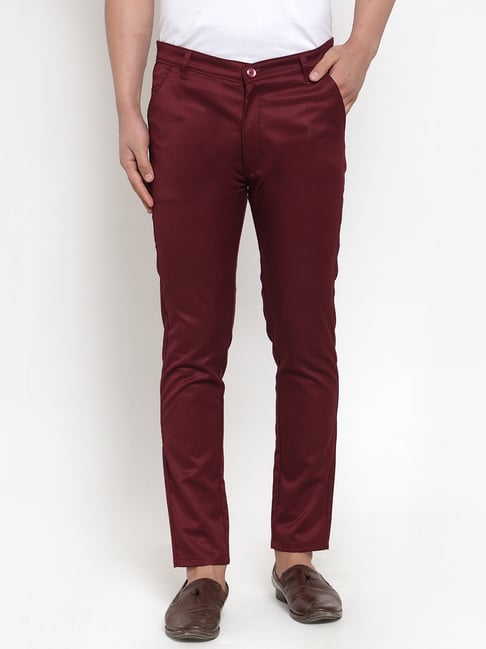 Jainish Maroon Cotton Regular Fit Trousers-picture-44