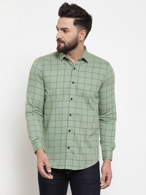 Jainish Green Cotton Regular Fit Checks Shirt-picture-17