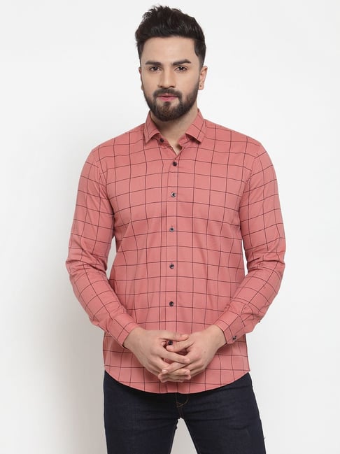 Jainish Peach Cotton Regular Fit Checks Shirt-picture-25