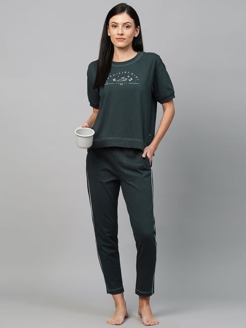 Buy Chemistry Dark Green Printed Top With Pyjamas for Women s