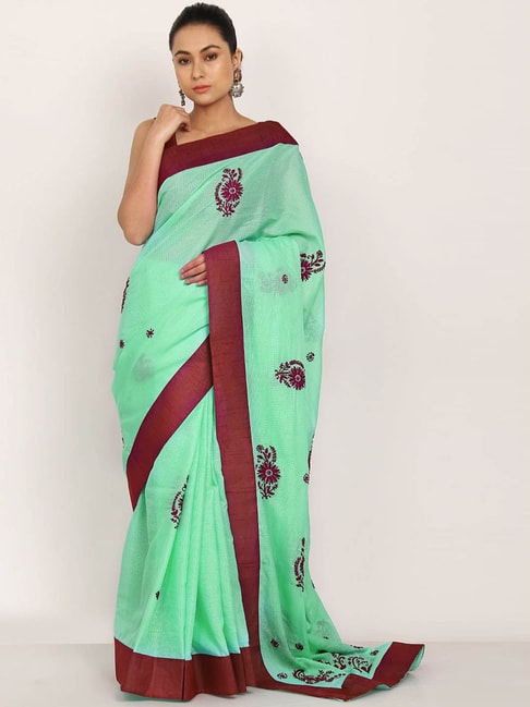 SHADES Green Cotton Embroidered Saree With Unstitched Blouse Price in India