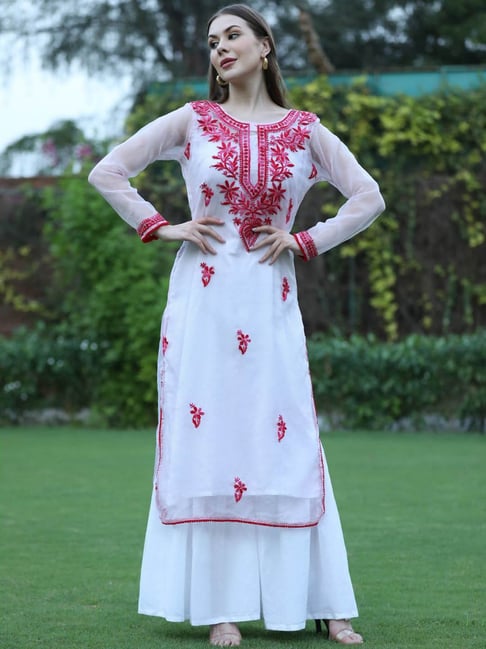 SHADES Pink & White Embroidered Straight Kurta Price in India