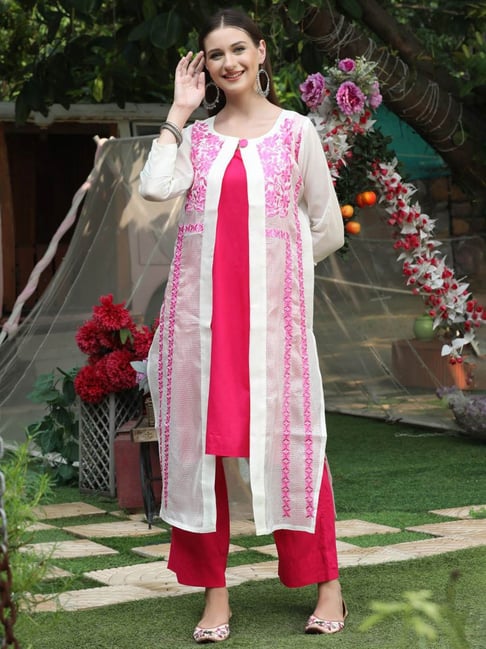 SHADES Pink & White Embroidered Kurta Pant Set With Shrug Price in India