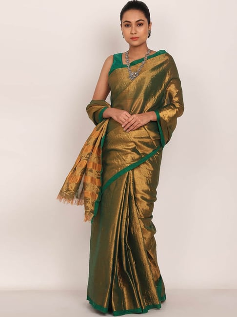 SHADES Golden & Green Silk Woven Saree With Unstitched Blouse Price in India