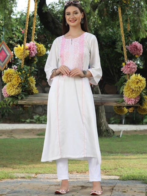 SHADES White Cotton Embroidered Straight Kurta Price in India