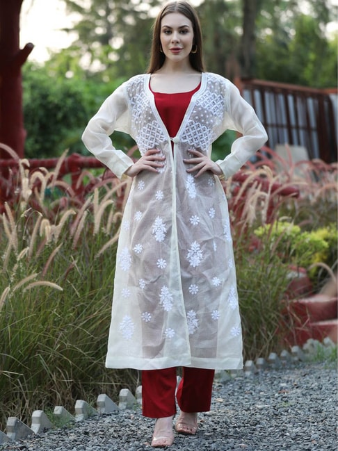 SHADES Maroon & White Cotton Embroidered Kurta Pant Set With Shrug Price in India