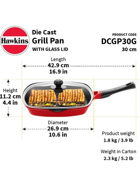 Hawkins Die-Cast Red Aluminium cm Non-Stick Grill Pan With Glass Lid  (3 L) Set of