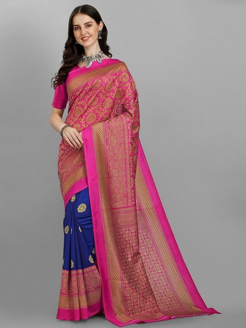 Sangam Prints Pink & Navy Printed Saree With Unstitched Blouse Price in India