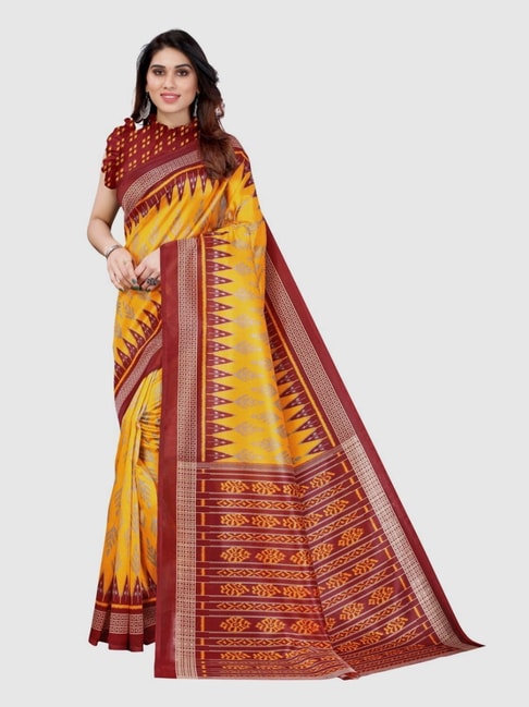 Sangam Prints Yellow Printed Saree With Unstitched Blouse Price in India