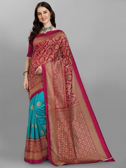 Sangam Prints Blue & Maroon Printed Saree With Unstitched Blouse Price in India