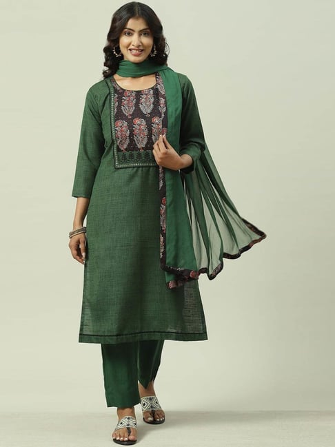 Biba Green Printed Unstitched Dress Material